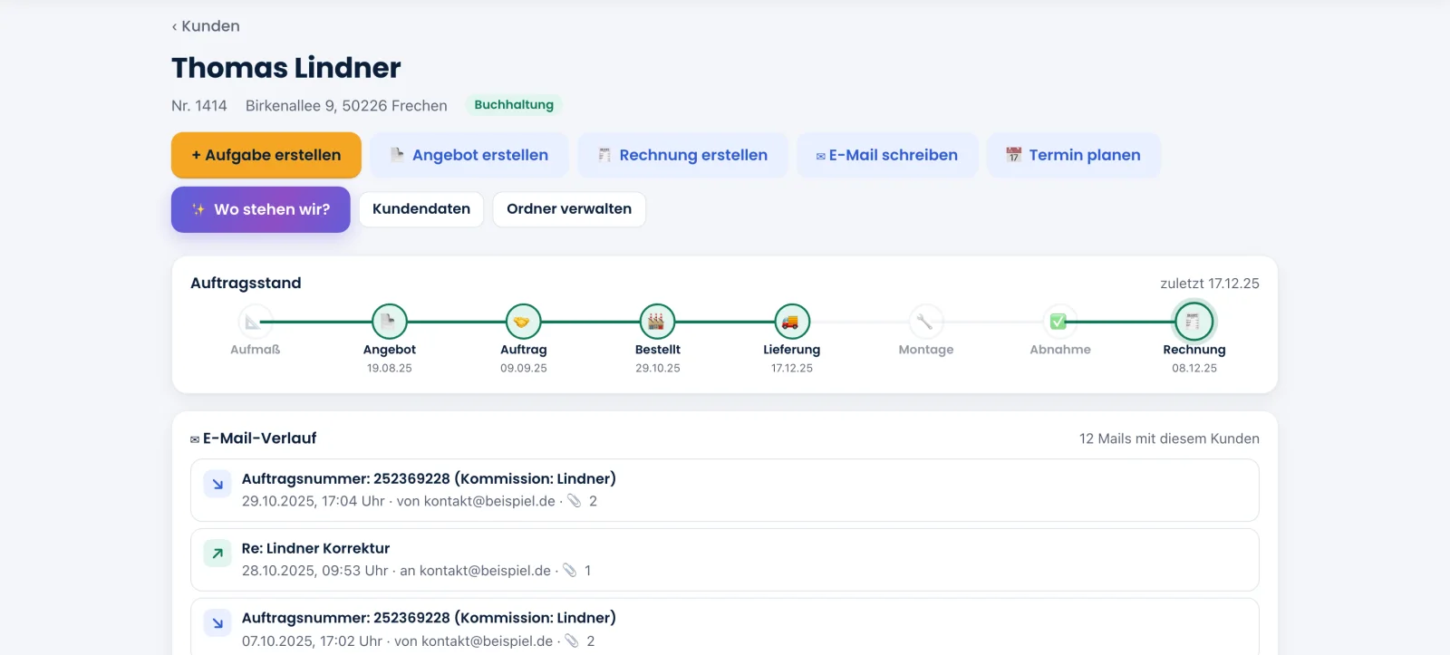 WinFlow360 Kundenakte mit Auftragsstand und E-Mail-Verlauf