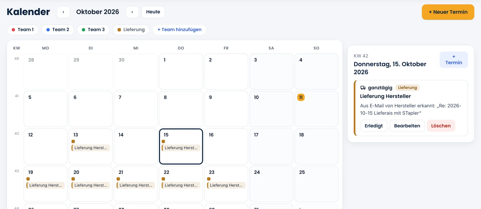 Kalender in WinFlow360 mit Teams und Lieferterminen