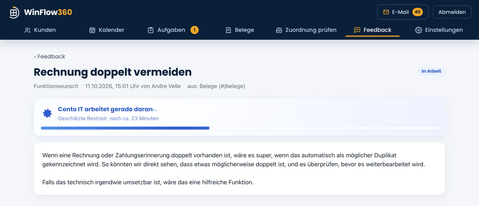 Feedback-Portal in WinFlow360: Conto IT arbeitet gerade an einem Wunsch, mit geschätzter Restzeit und Fortschrittsbalken