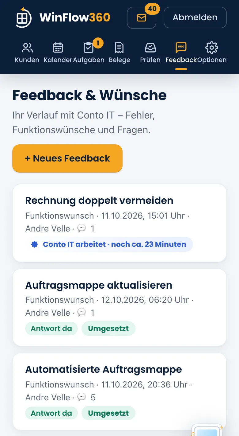 Feedback-Liste auf dem Handy mit Hinweis „Conto IT arbeitet · noch ca. 23 Minuten“